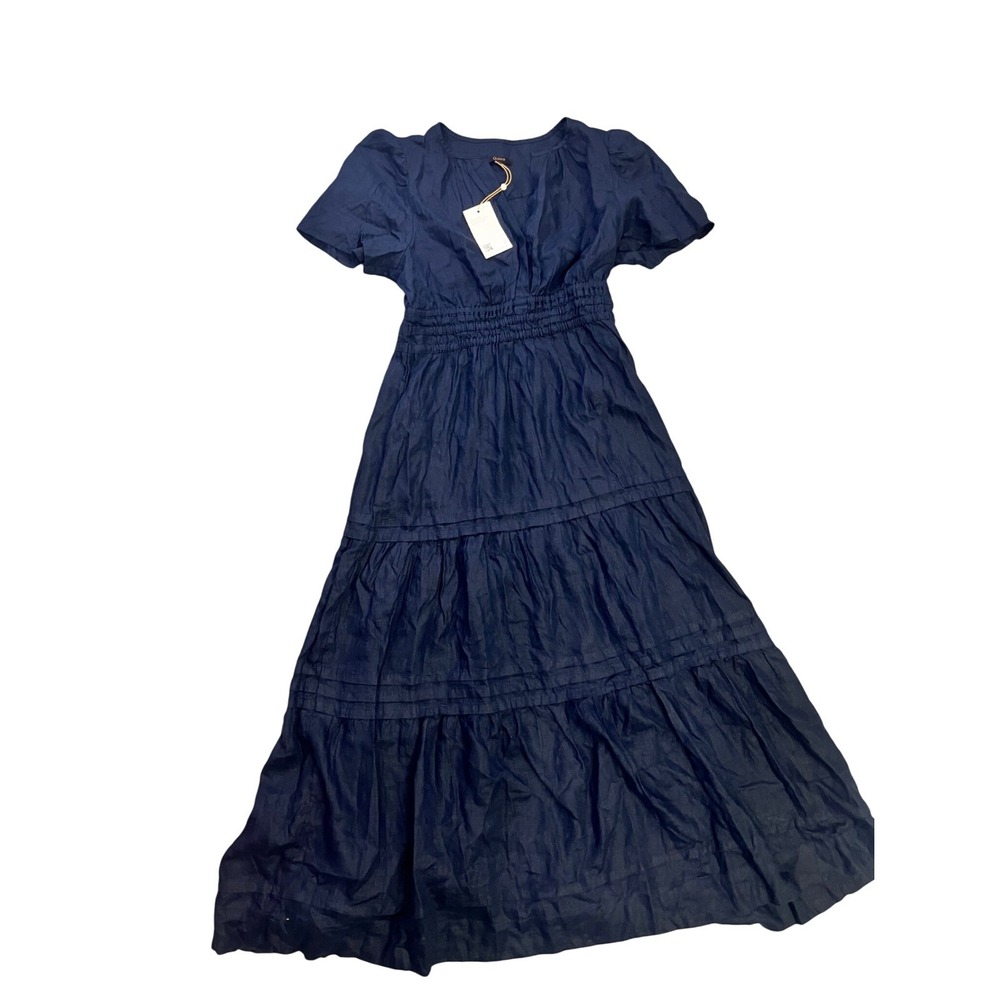 Quince 100% European Linen Smocked Waist Tiered Maxi Dress Navy Blue Medium NWT - Picture 3 of 14